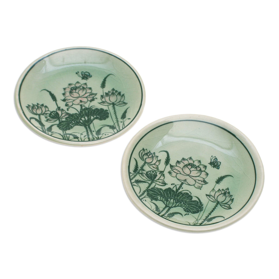 Pair of Celadon Ceramic Saucers Hand-Crafted in Thailand - Luxuriant Lotus