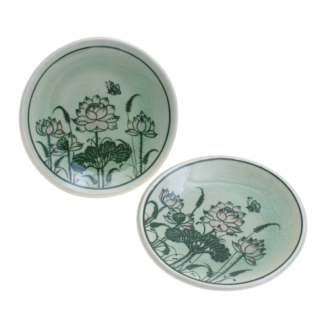 Pair of Celadon Ceramic Saucers Hand-Crafted in Thailand - Luxuriant Lotus