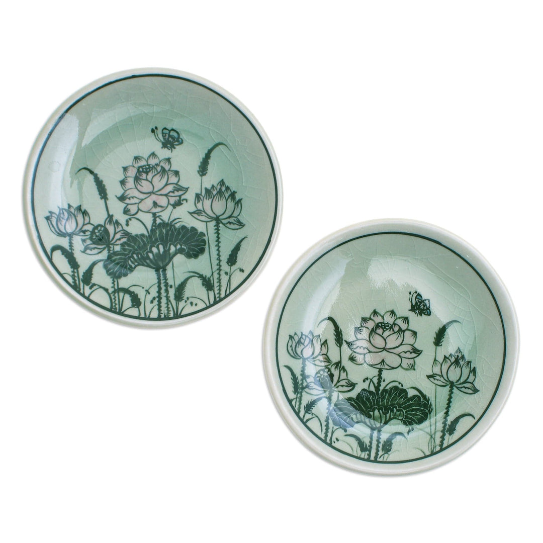 Pair of Celadon Ceramic Saucers Hand-Crafted in Thailand - Luxuriant Lotus