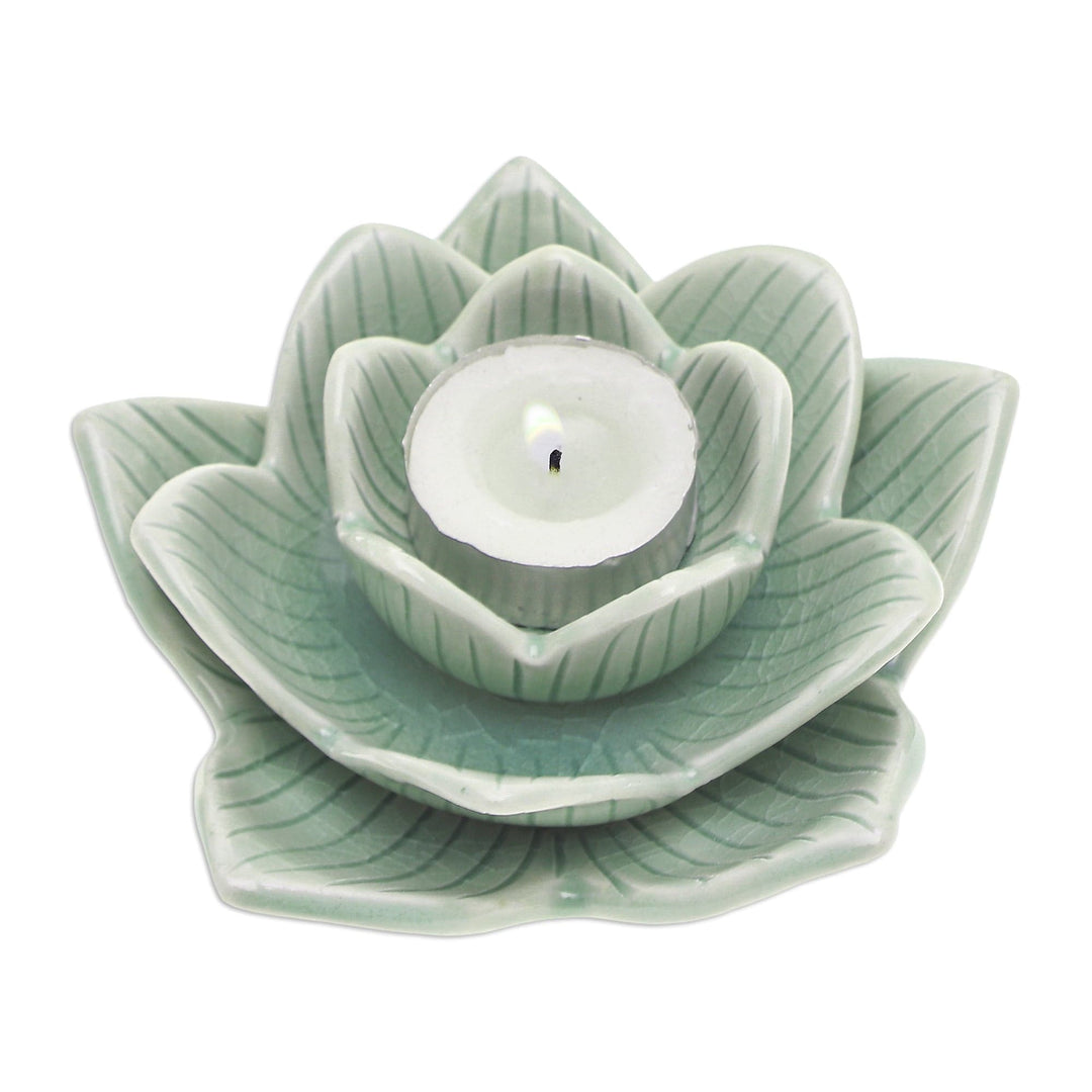 Lotus-Shaped Celadon Ceramic Tealight Candleholder in Green - Blooming Lotus