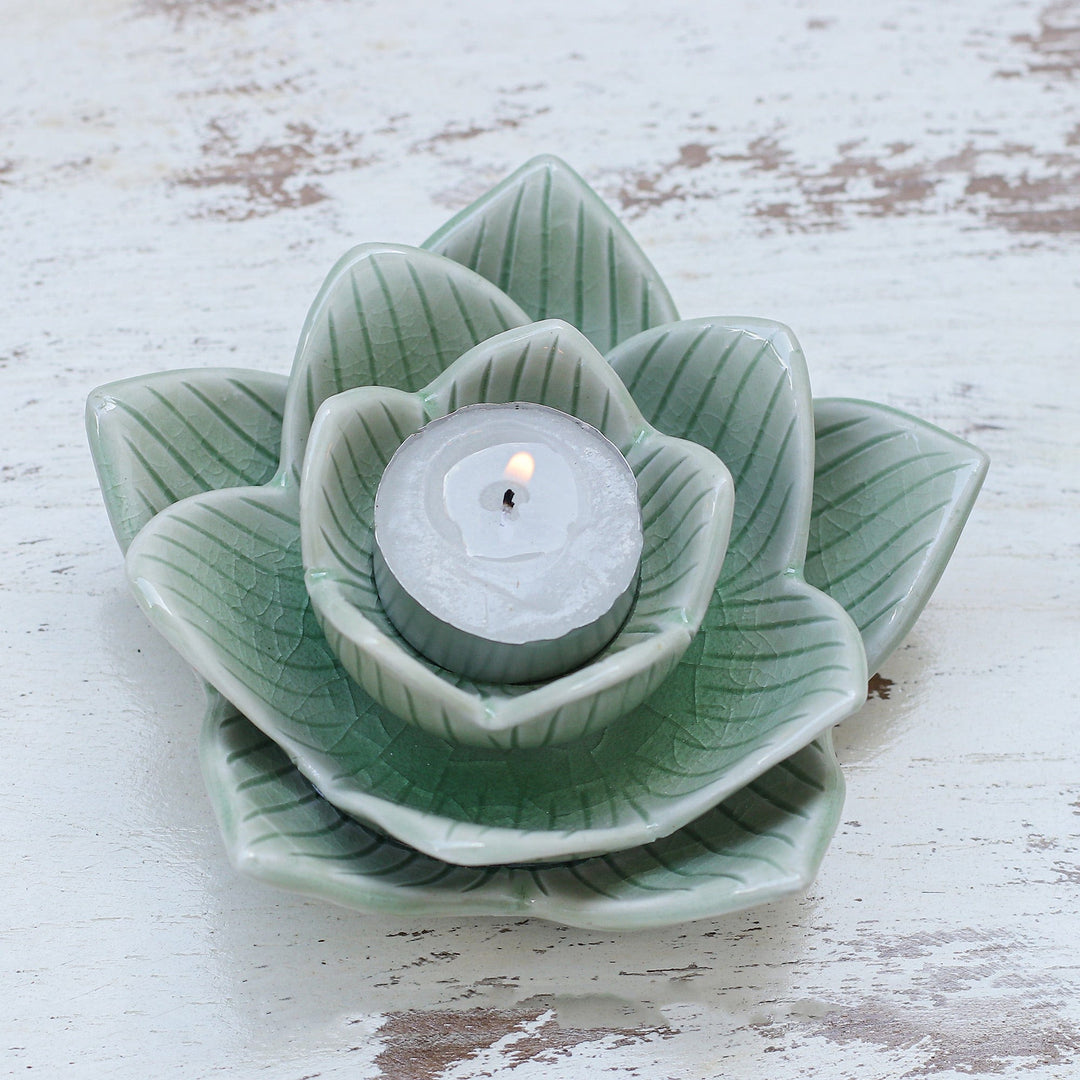 Lotus-Shaped Celadon Ceramic Tealight Candleholder in Green - Blooming Lotus