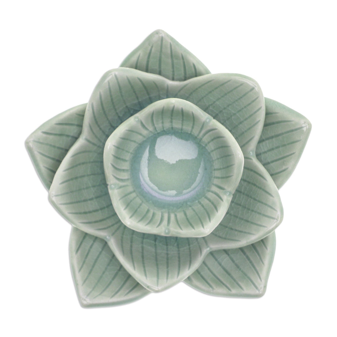 Lotus-Shaped Celadon Ceramic Tealight Candleholder in Green - Blooming Lotus