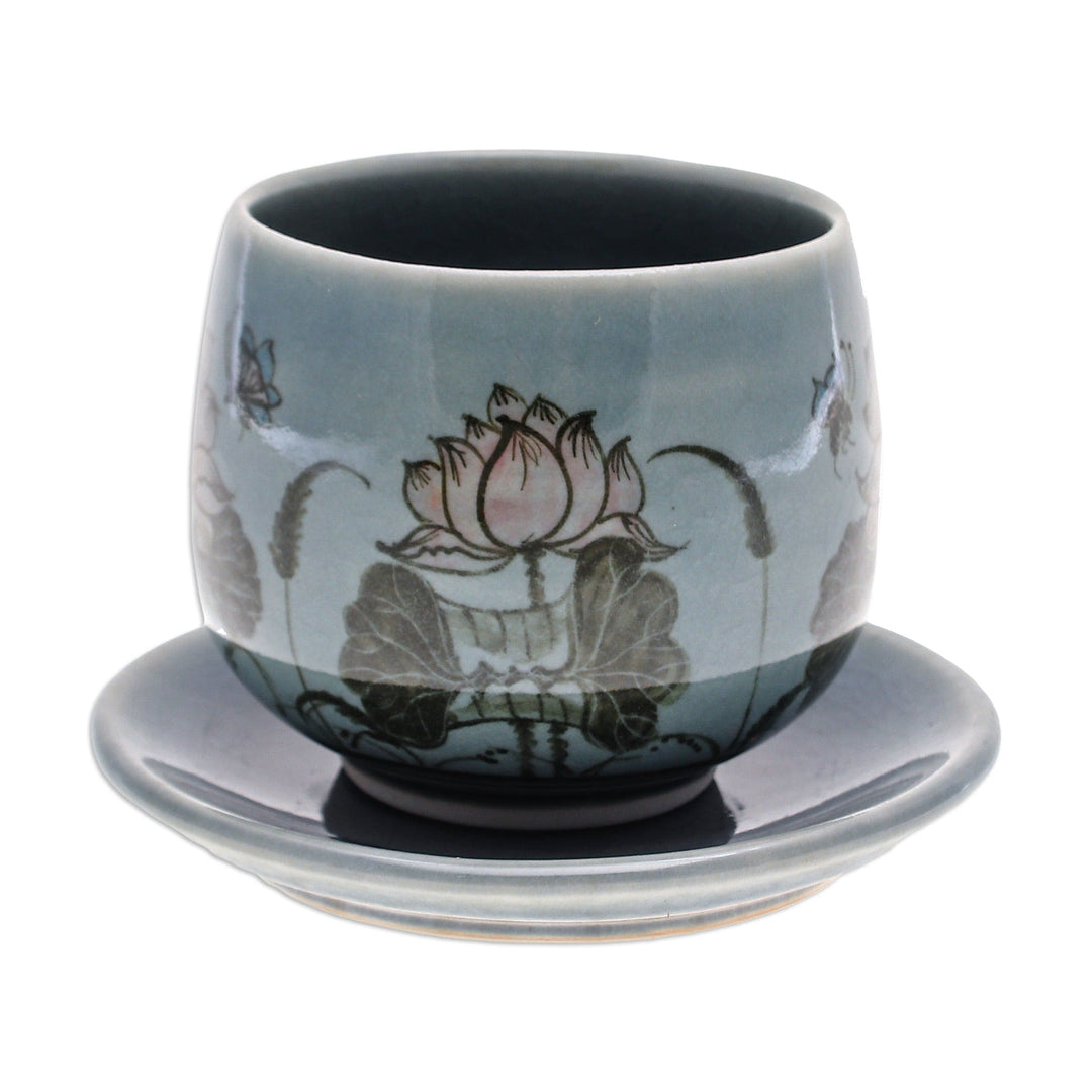 Handmade Celadon Ceramic Blue Cup and Saucer with Flowers - Luxuriant Lotus in Blue