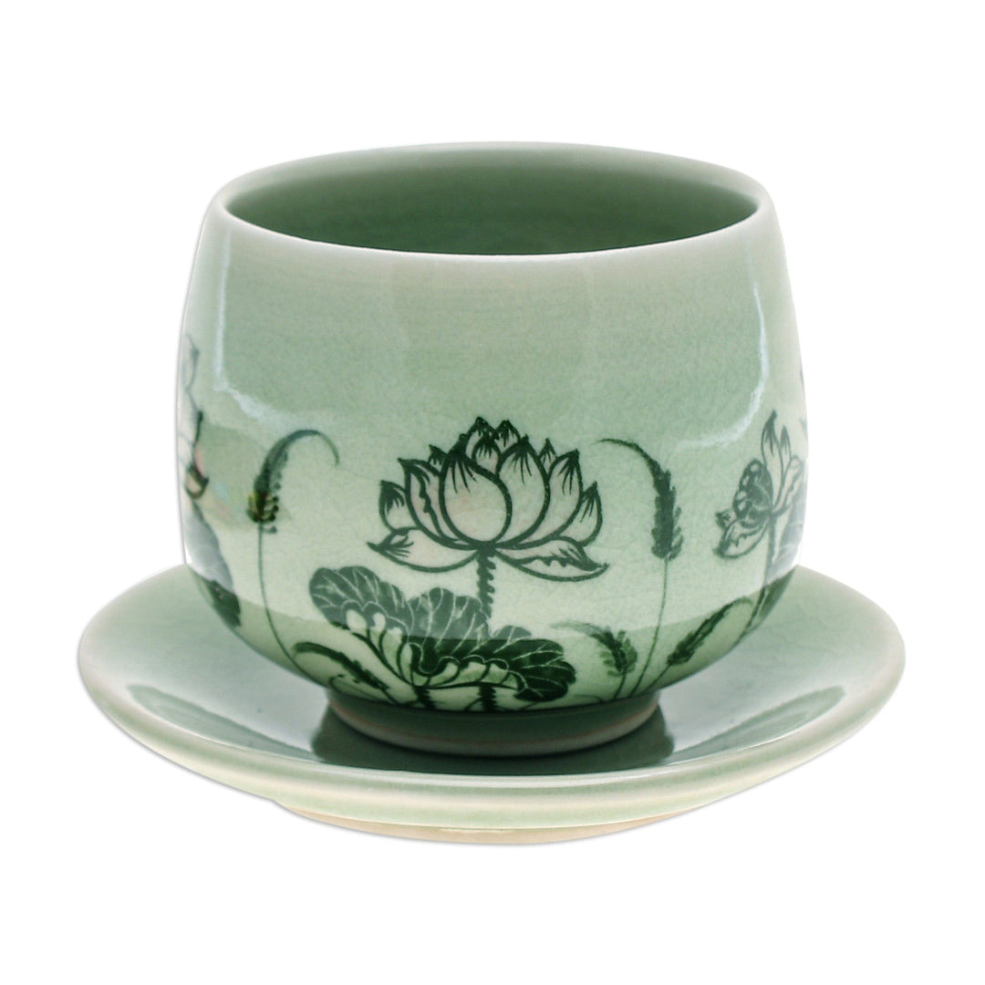 Handmade Celadon Ceramic Green Cup and Saucer with Flowers - Luxuriant Lotus