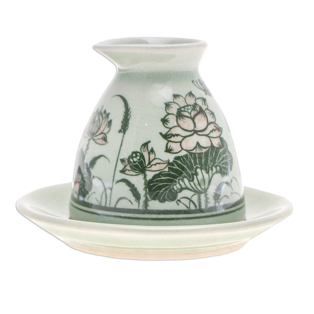 Green Celadon Ceramic Milk Pitcher and Saucer with Flowers - Luxuriant Lotus