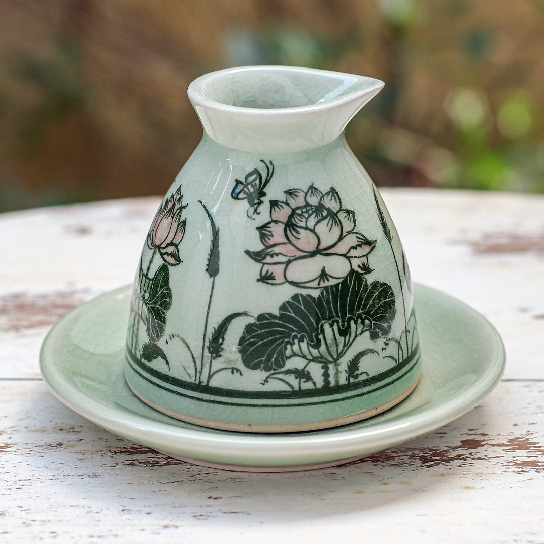 Green Celadon Ceramic Milk Pitcher and Saucer with Flowers - Luxuriant Lotus