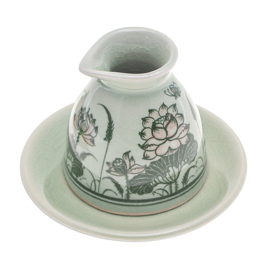 Green Celadon Ceramic Milk Pitcher and Saucer with Flowers - Luxuriant Lotus
