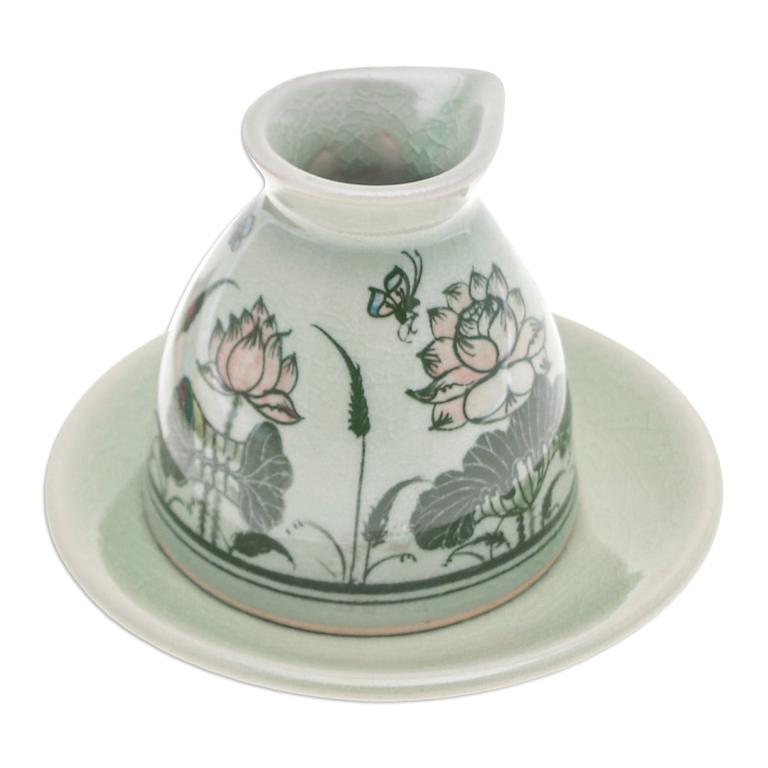 Green Celadon Ceramic Milk Pitcher and Saucer with Flowers - Luxuriant Lotus