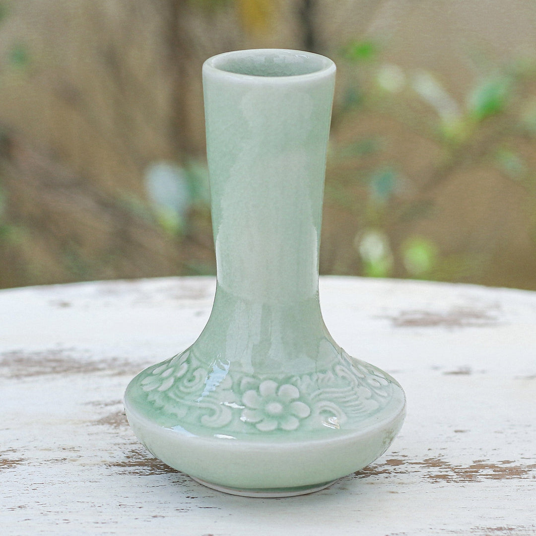 Handmade Celadon Ceramic Vase with Floral Motif in Green - In Bloom