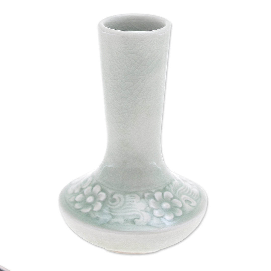 Handmade Celadon Ceramic Vase with Floral Motif in Green - In Bloom