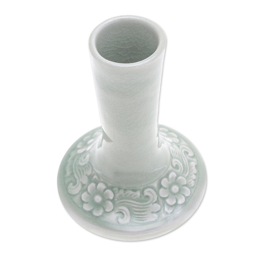 Handmade Celadon Ceramic Vase with Floral Motif in Green - In Bloom