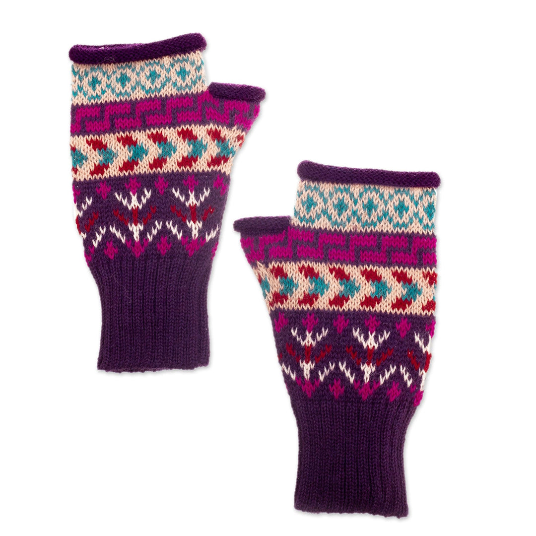 Handloomed Andean Purple Alpaca Fingerless Mittens from Peru - Purple Empire