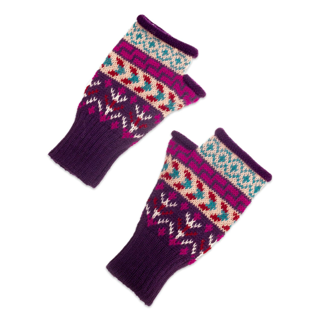 Handloomed Andean Purple Alpaca Fingerless Mittens from Peru - Purple Empire