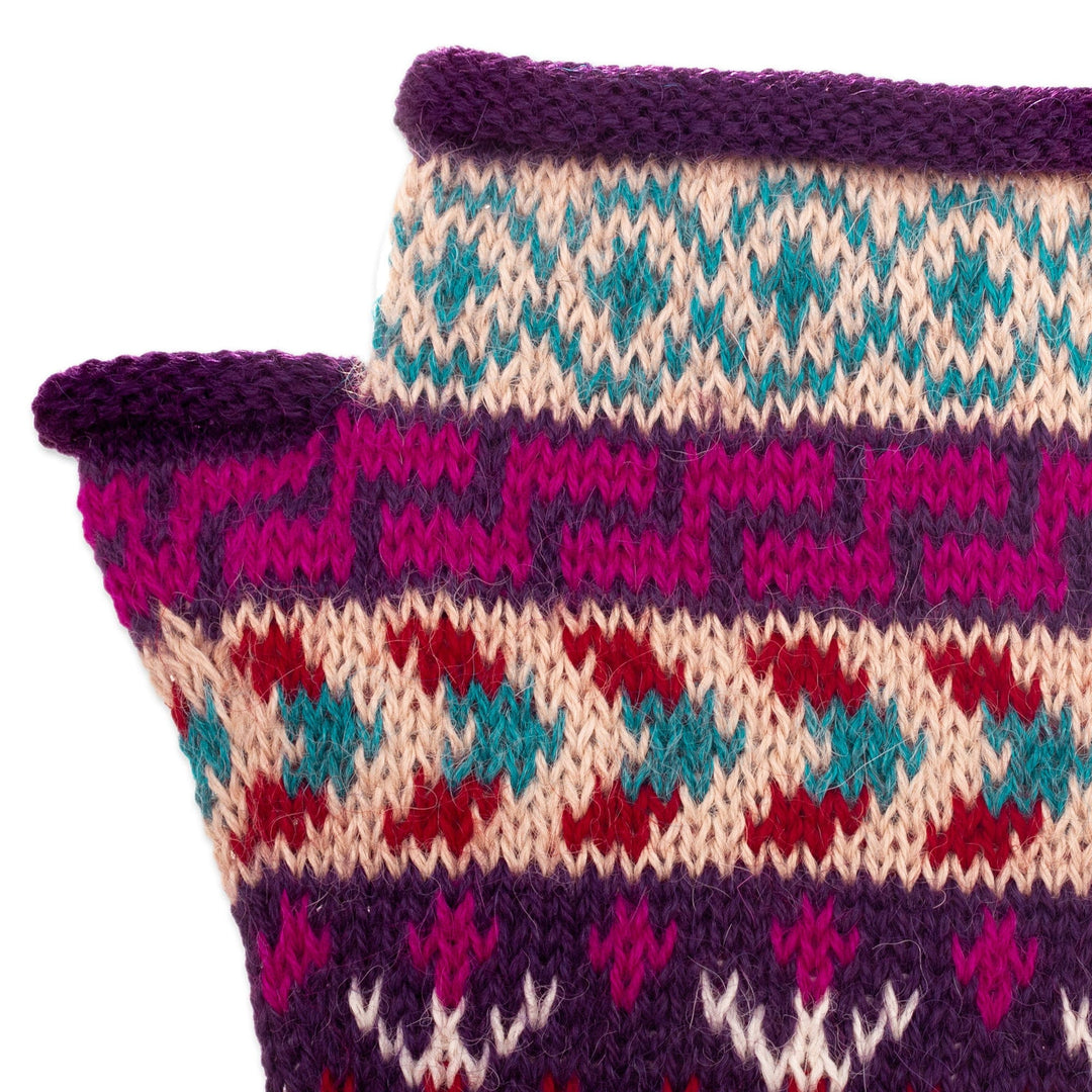 Handloomed Andean Purple Alpaca Fingerless Mittens from Peru - Purple Empire