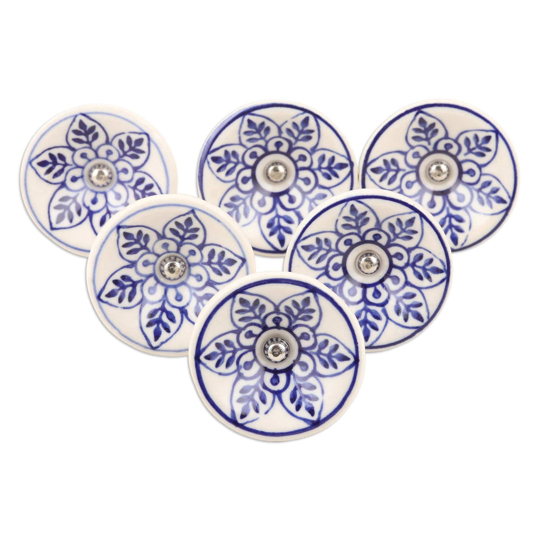 Set of 6 Handcrafted Floral Ceramic Knobs in a Blue Hue - Blue Spring