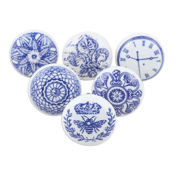 Set of 6 Handcrafted Blue Ceramic Knobs with Unique Designs - Blue Visions