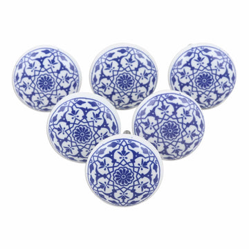 Set of 6 Handcrafted Mandala Ceramic Knobs in a Blue Hue - Blue Meditations