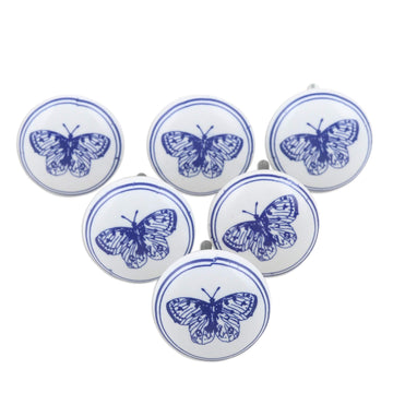 Set of 6 Butterfly-Themed Handcrafted Ceramic Knobs in Blue - Fluttering Dreams