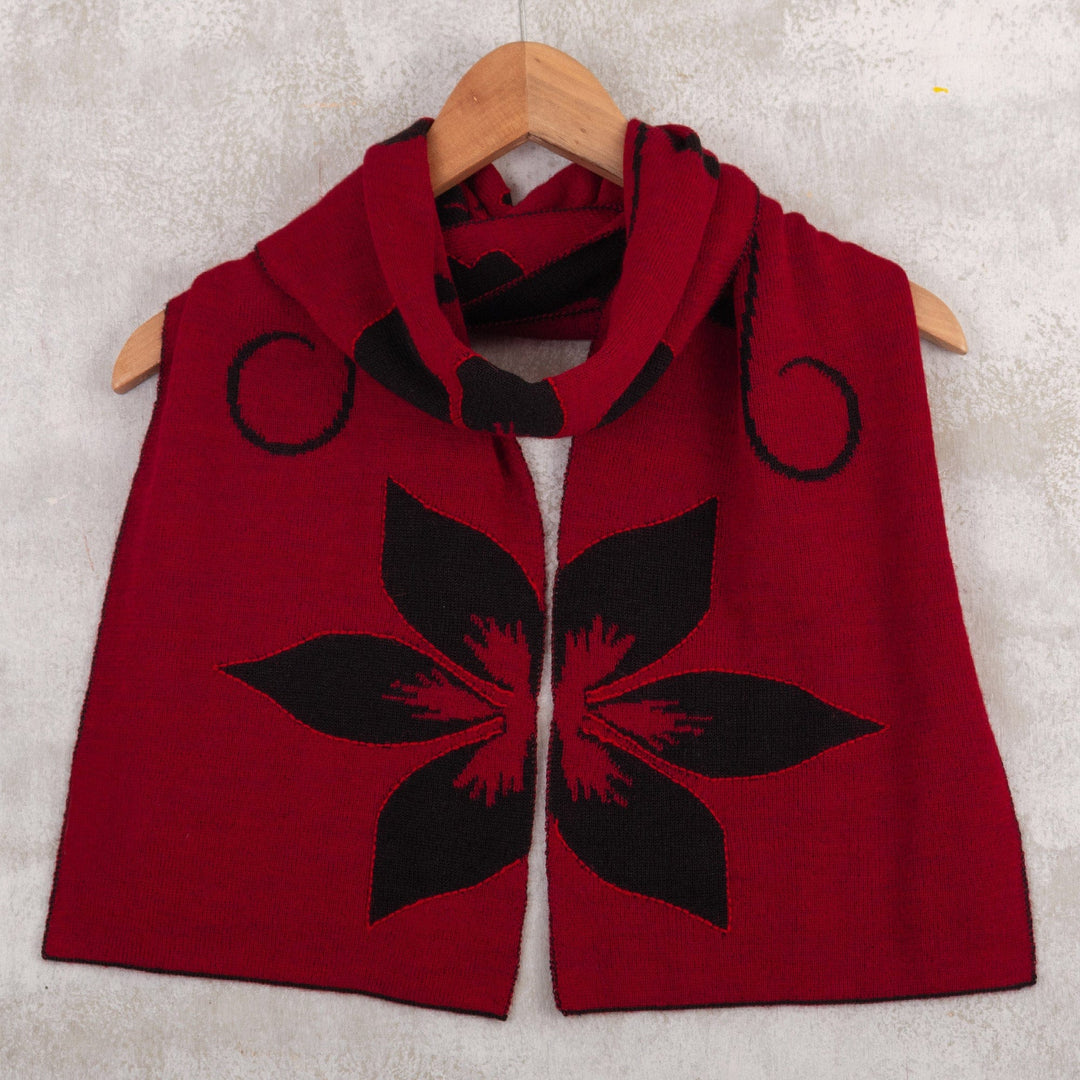Cultural Floral Red and Black Reversible Alpaca Blend Scarf - Red Retama Emotions