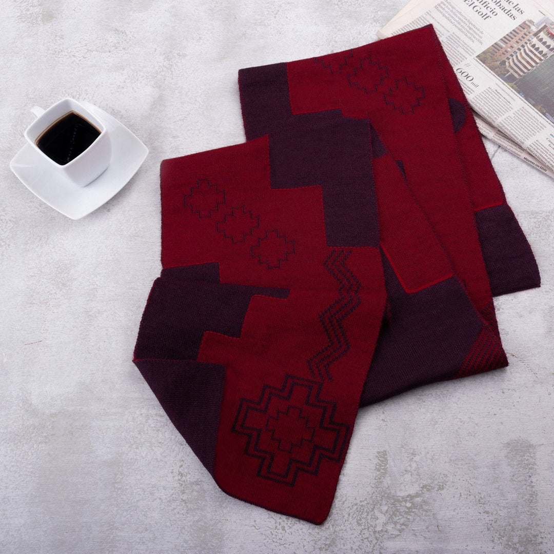 Chakana-Themed Reversible Alpaca Blend Scarf in Vibrant Hues - Fire Visions