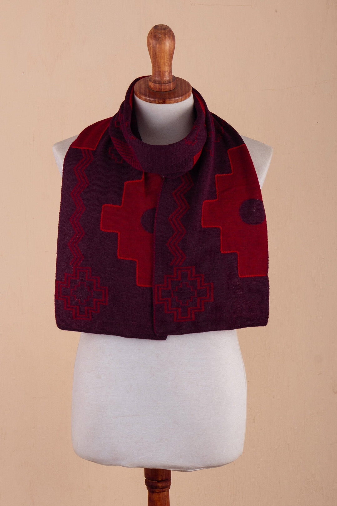 Chakana-Themed Reversible Alpaca Blend Scarf in Vibrant Hues - Fire Visions