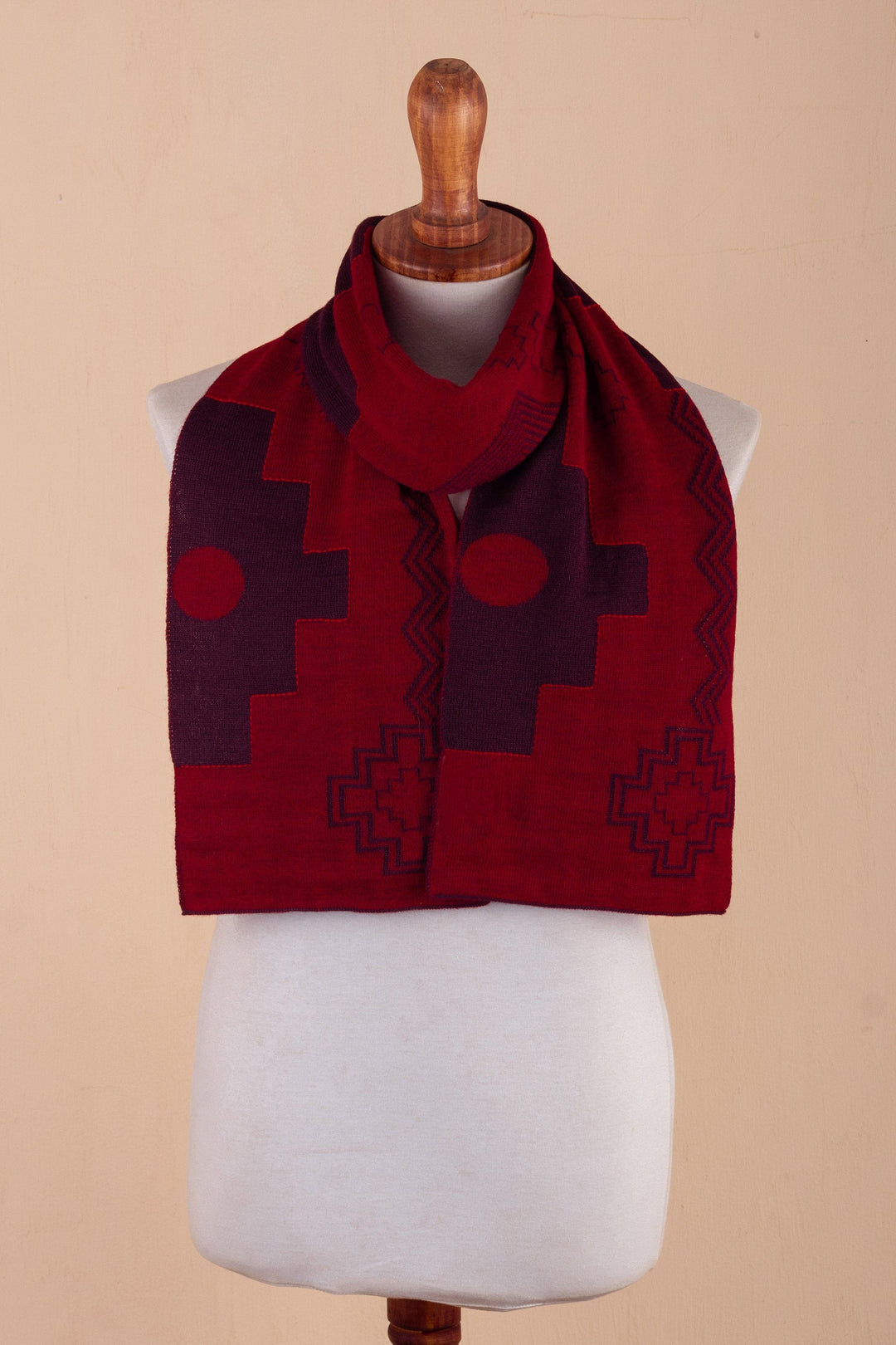 Chakana-Themed Reversible Alpaca Blend Scarf in Vibrant Hues - Fire Visions