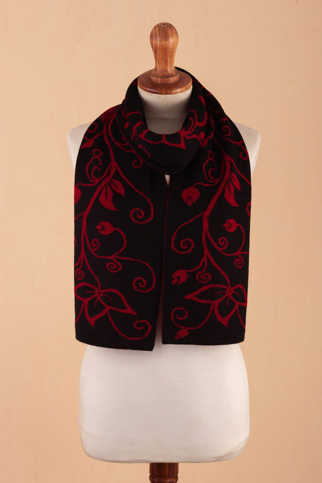 Leafy Black and Red Reversible Alpaca Blend Scarf from Peru - Crimson Vines