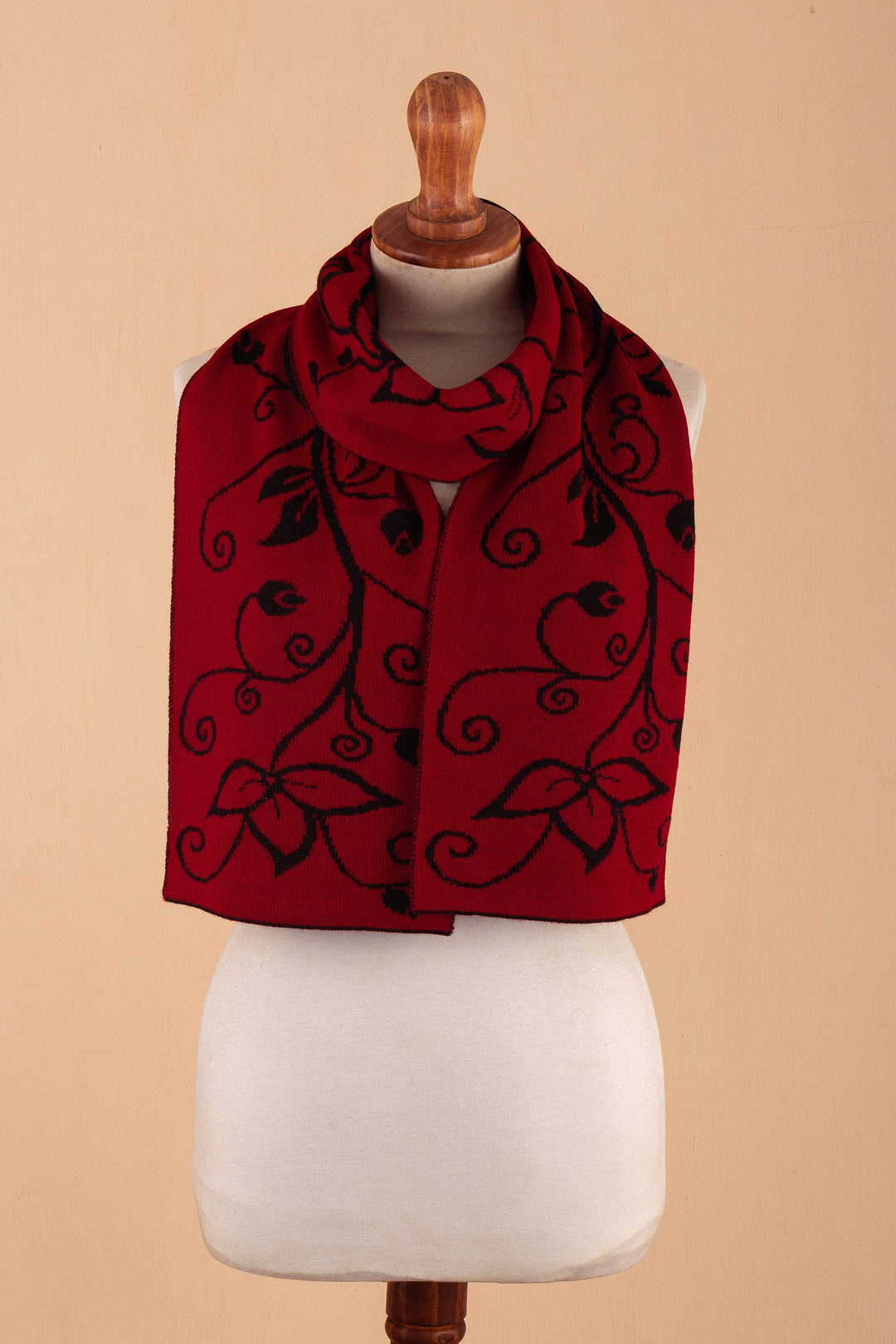 Leafy Black and Red Reversible Alpaca Blend Scarf from Peru - Crimson Vines