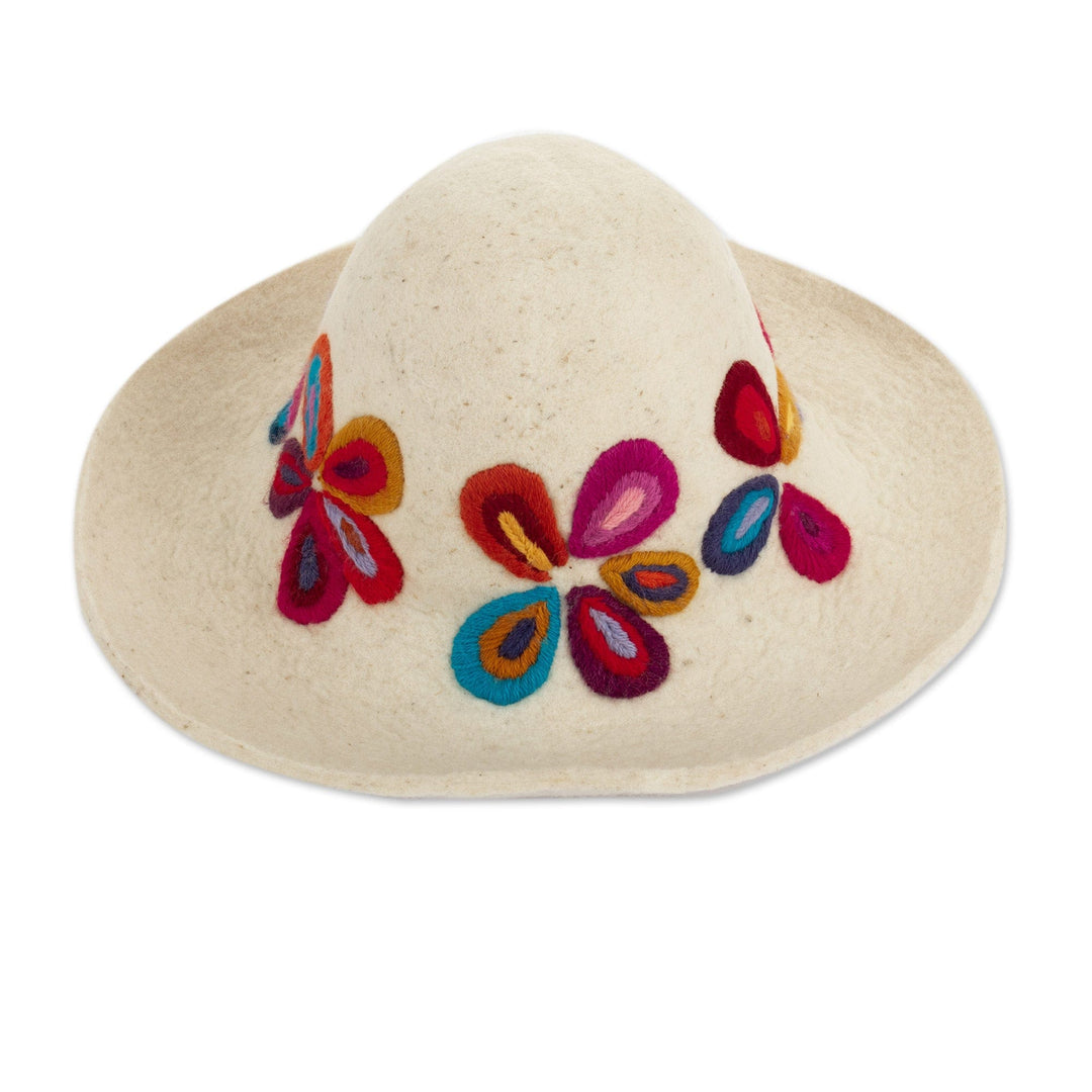 Cusco Ivory Wool Felt Hat with Colorful Floral Embroidery - Floral Embellishment