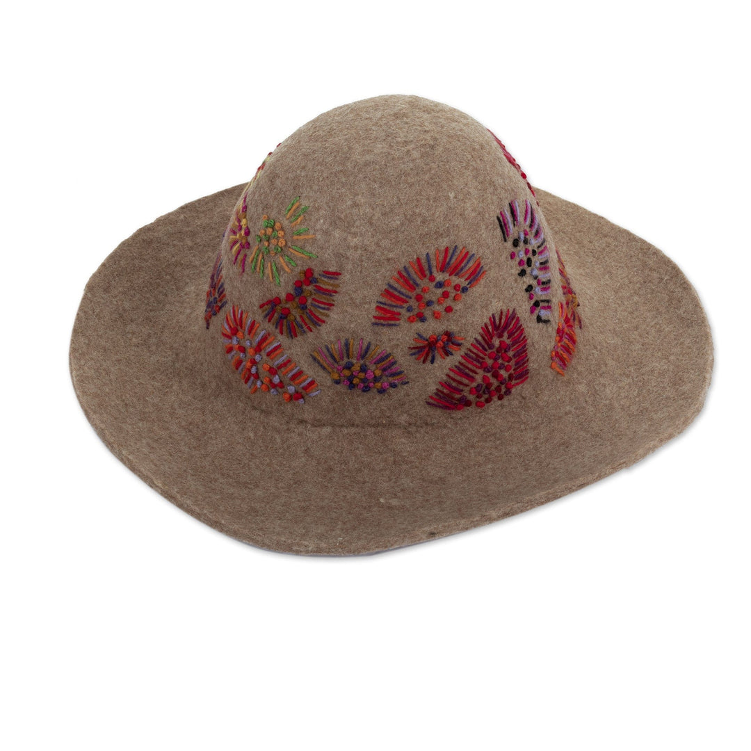 Embroidered Brown Alpaca & Wool Blend Felt Hat from Cusco - Cusco's Carnival
