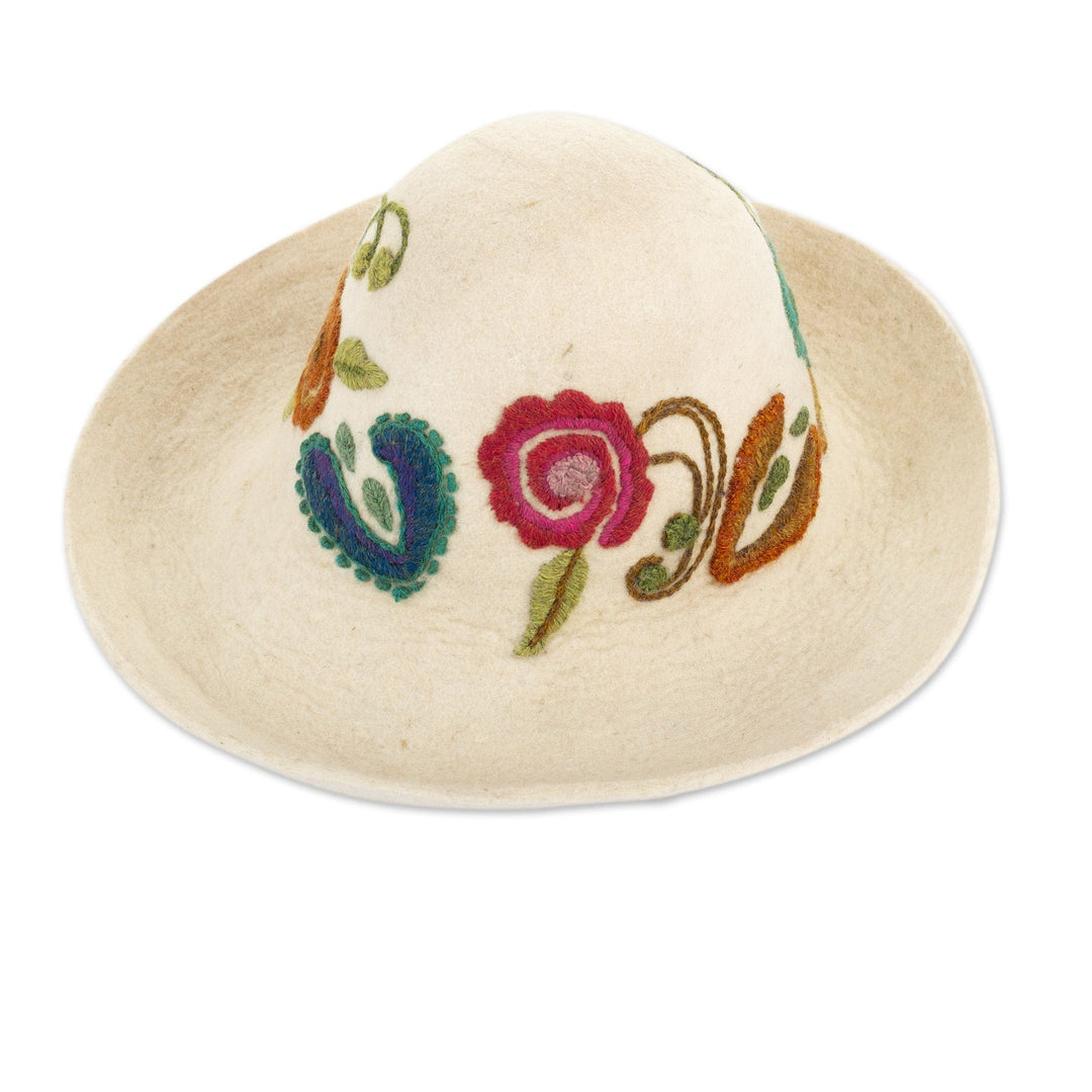 Ivory Wool Felt Hat with Floral Embroidery Handmade in Cusco - Decorations from Nature