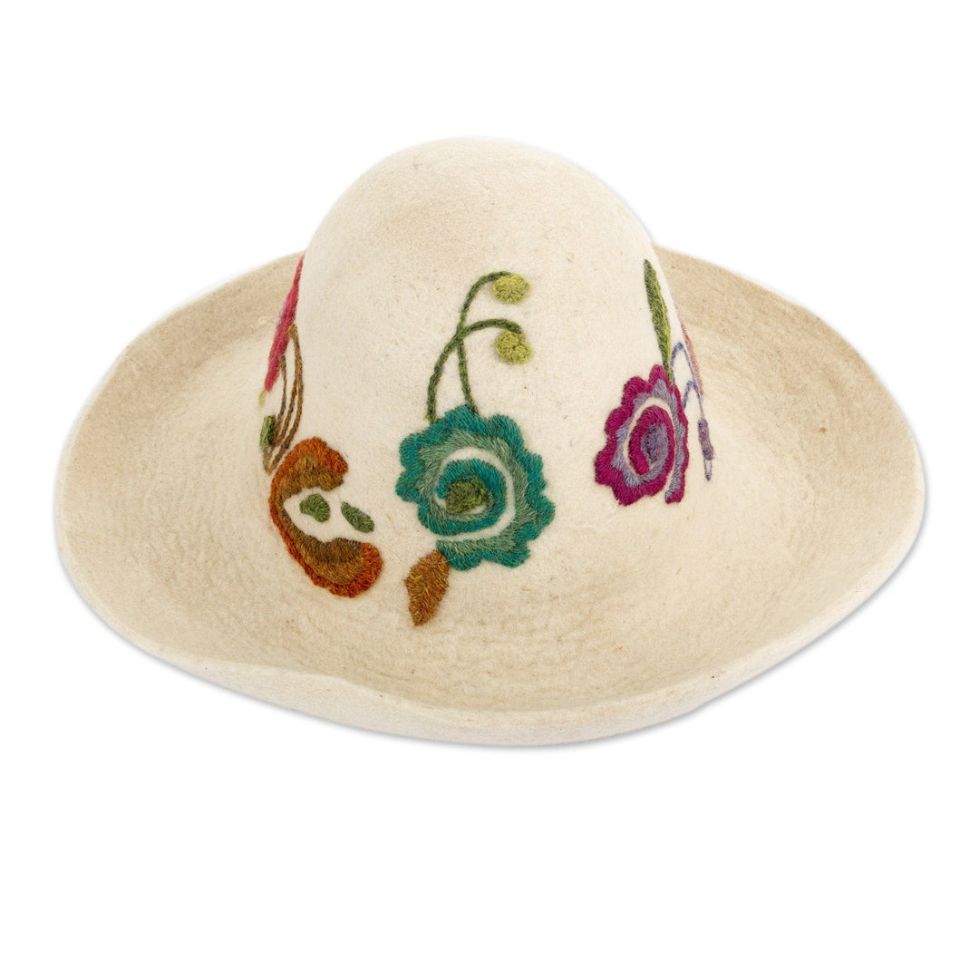 Ivory Wool Felt Hat with Floral Embroidery Handmade in Cusco - Decorations from Nature