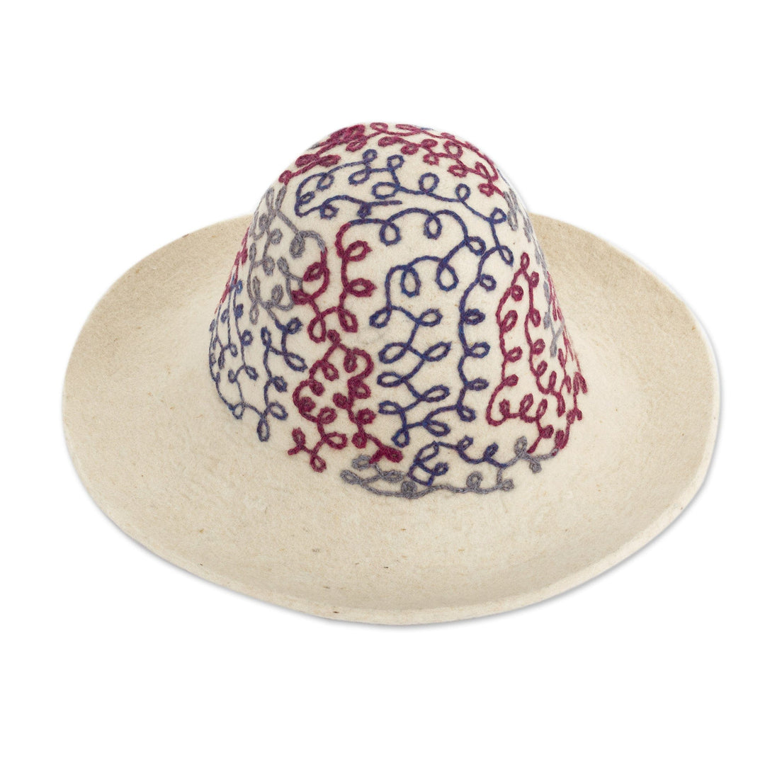 Ivory Wool Felt Hat with Cotton Embroidery Handmade in Cusco - Connected Paths