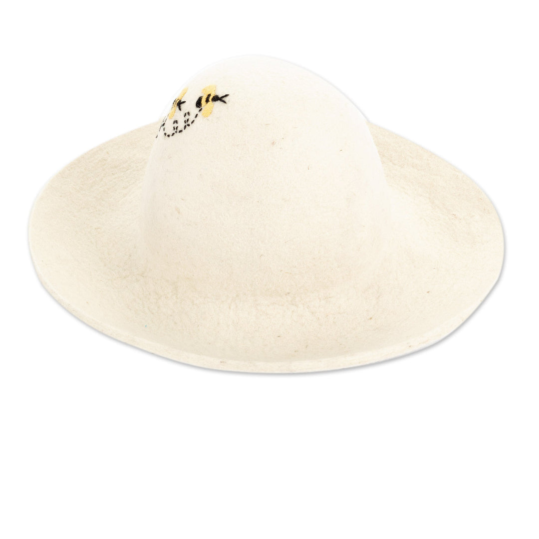 Cusco Ivory Wool Felt Hat with Bicycle and Floral Embroidery - Stroll in The Valley