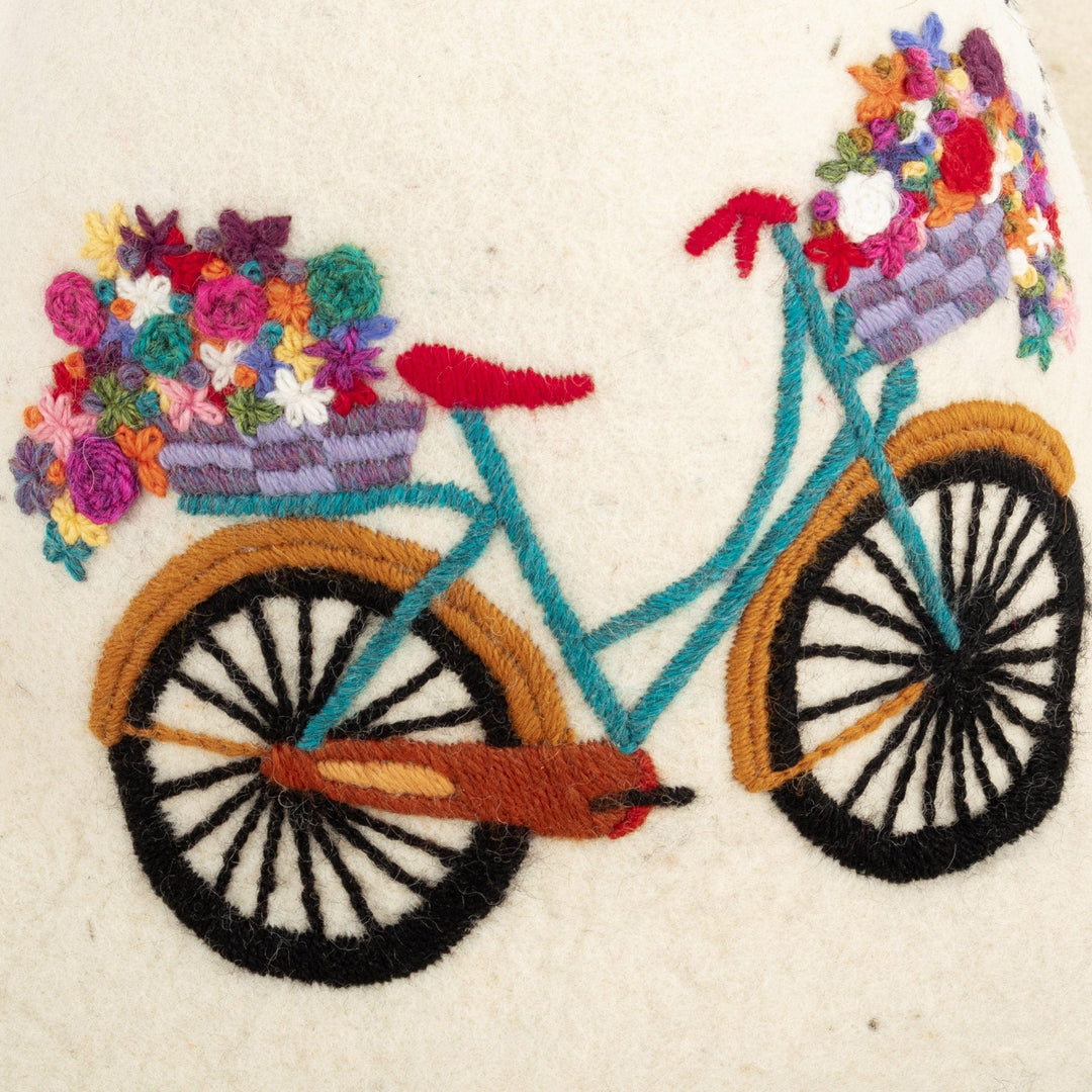 Cusco Ivory Wool Felt Hat with Bicycle and Floral Embroidery - Stroll in The Valley