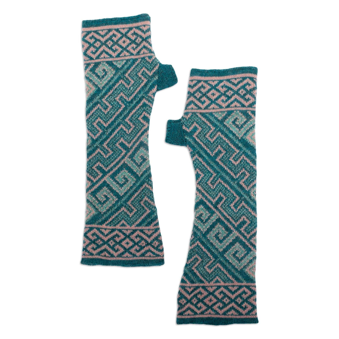 Turquoise 100% Baby Alpaca Unisex Knit Fingerless Mitts - Andean Inspiration