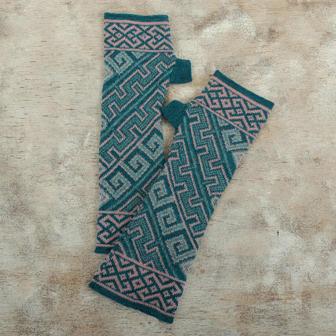 Turquoise 100% Baby Alpaca Unisex Knit Fingerless Mitts - Andean Inspiration