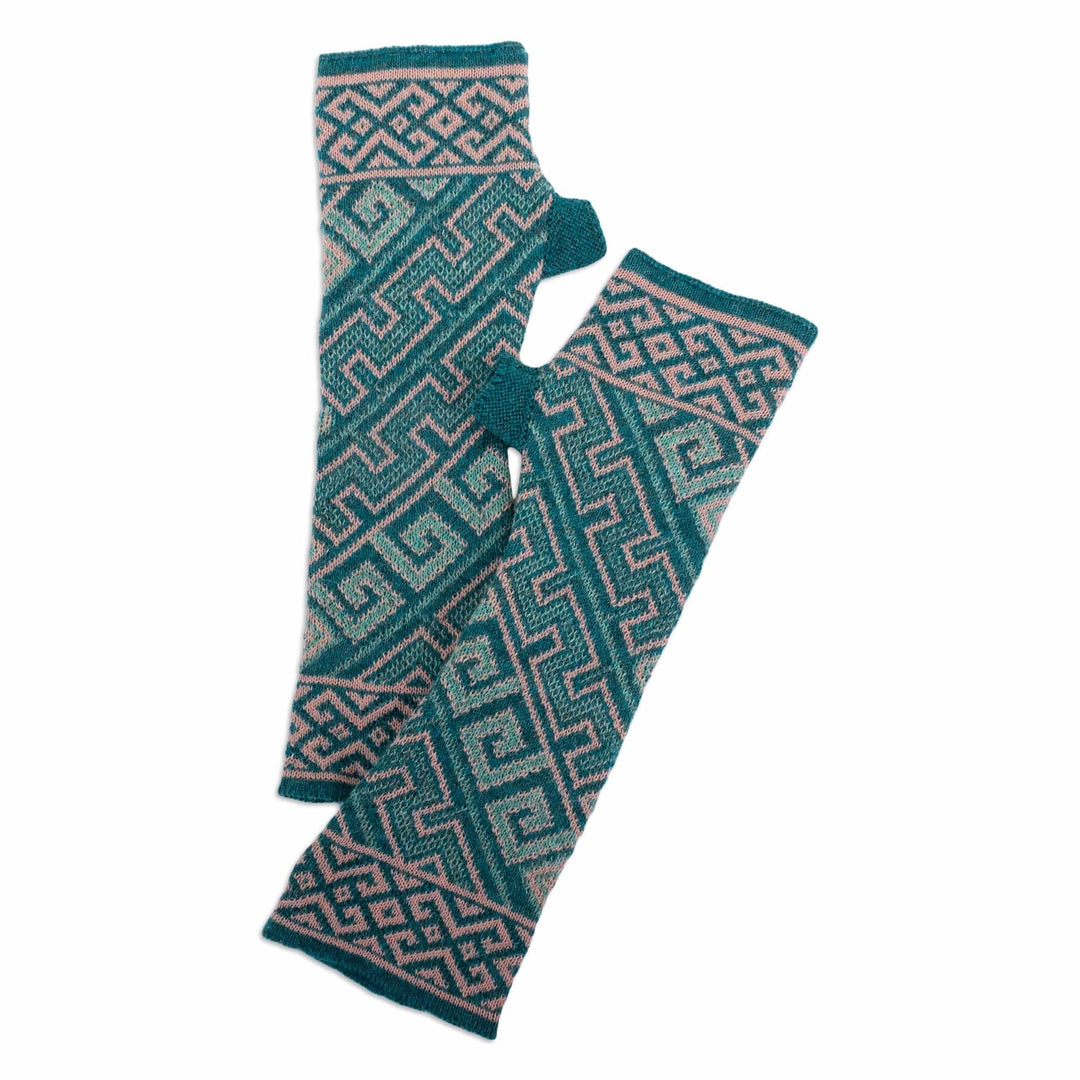 Turquoise 100% Baby Alpaca Unisex Knit Fingerless Mitts - Andean Inspiration