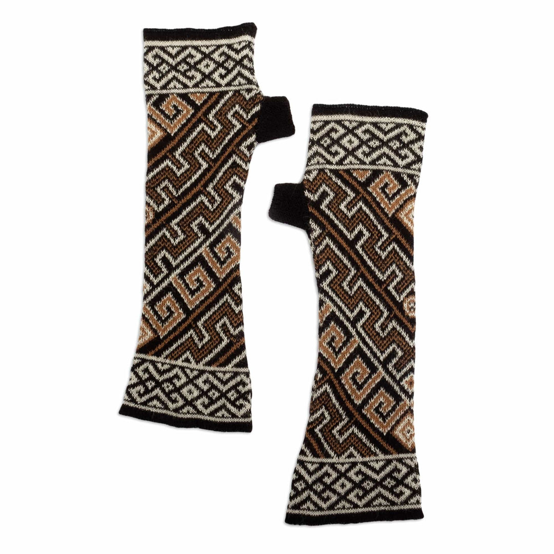 Knit 100% Baby Alpaca Fingerless Mitts Crafted in Peru - Serpents and Waves