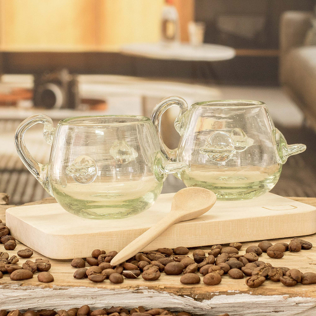 Handblown Recycled Glass and Wood Coffee Set
