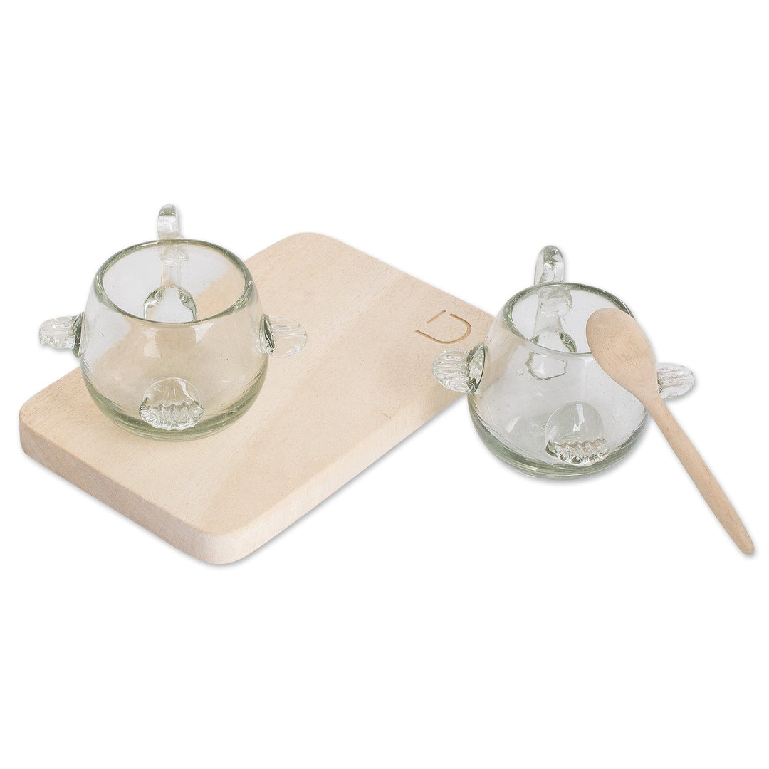 Handblown Recycled Glass and Wood Coffee Set