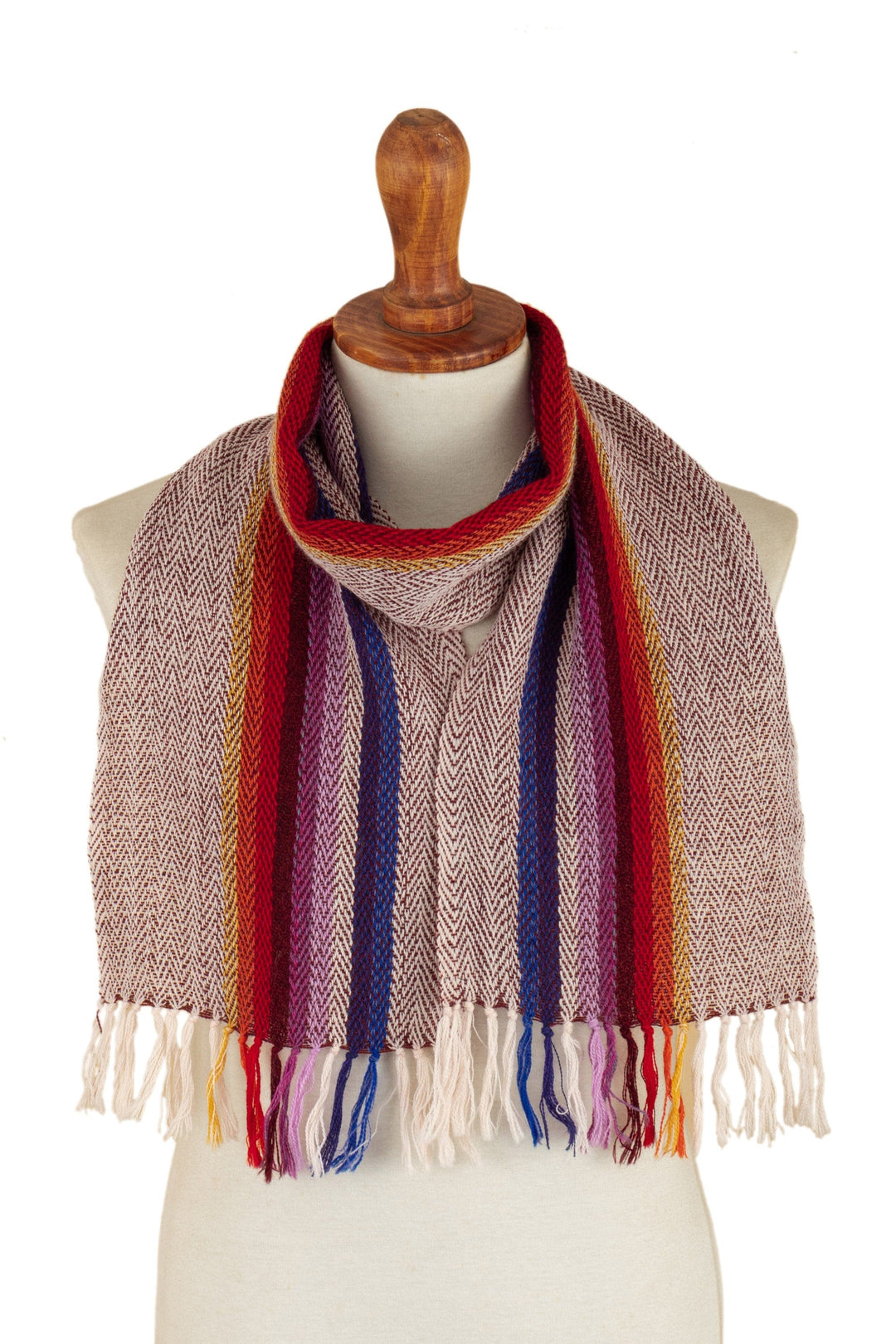 100% Alpaca Striped Scarf with Fringe Hand-Woven in Peru - Floral Colors