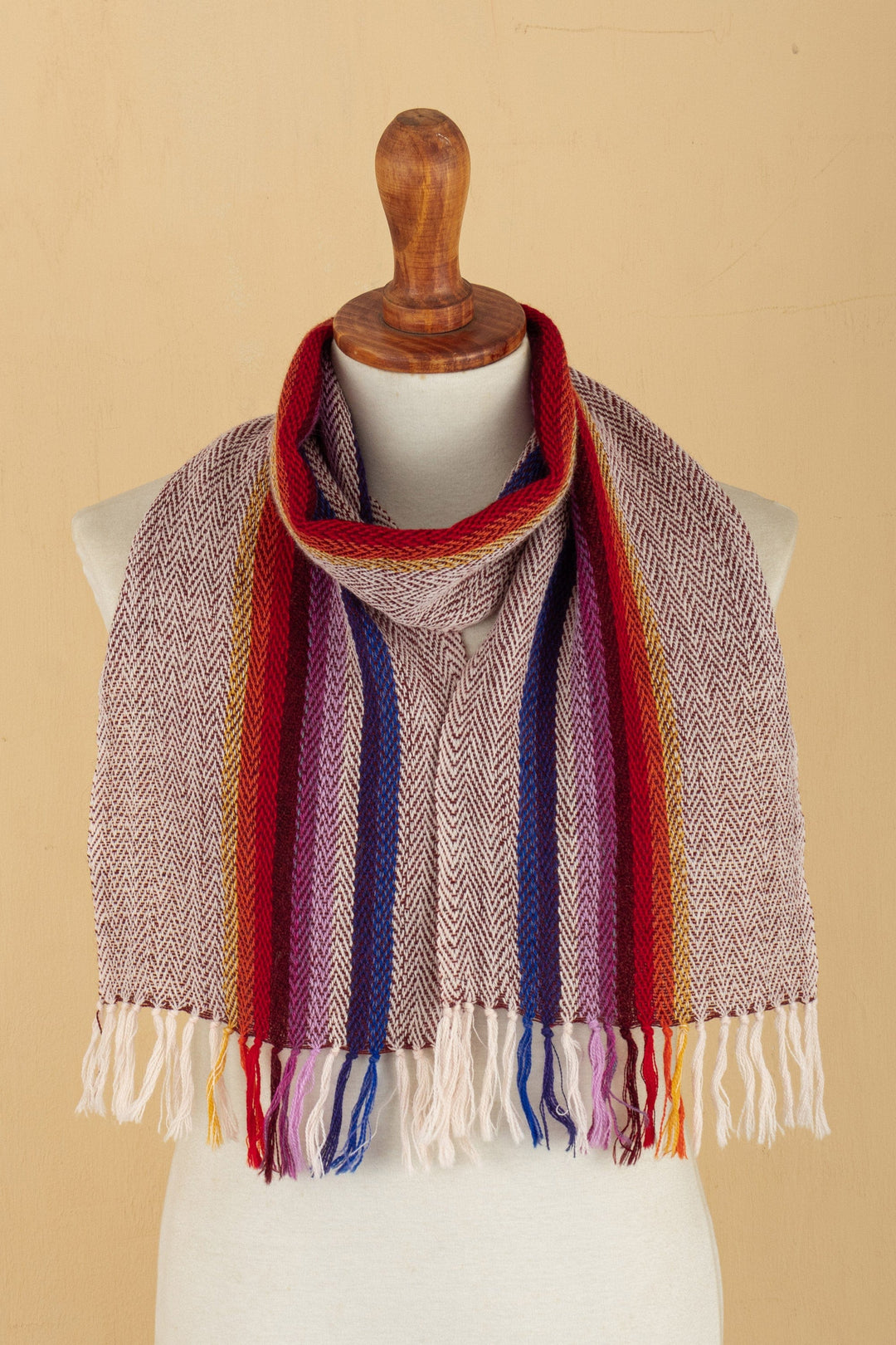 100% Alpaca Striped Scarf with Fringe Hand-Woven in Peru - Floral Colors