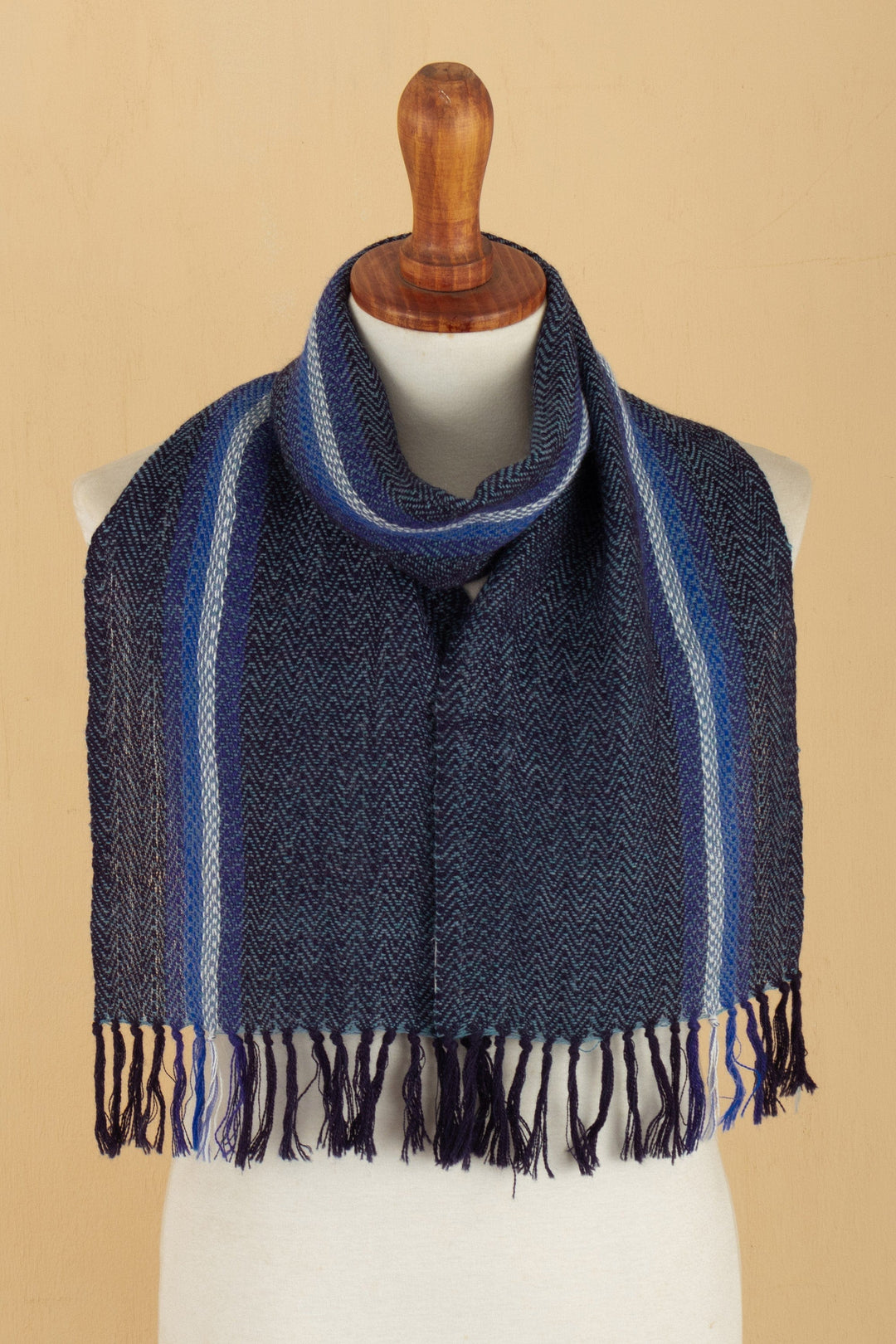 Blue and Ivory 100% Alpaca Striped Scarf Hand-Woven in Peru - Seabed