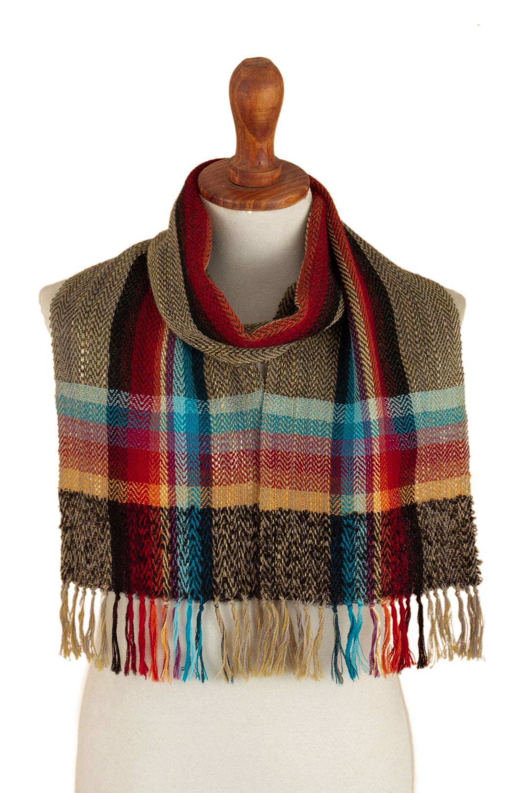 Multicolored Hand-Woven 100% Alpaca Check Scarf with Fringe - United Cultures