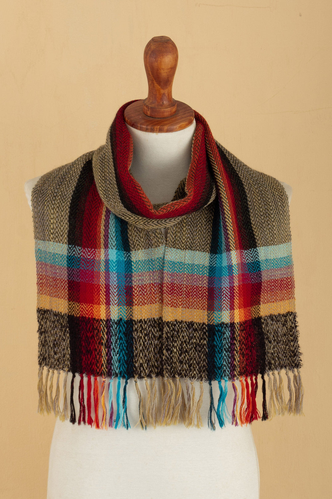 Multicolored Hand-Woven 100% Alpaca Check Scarf with Fringe - United Cultures