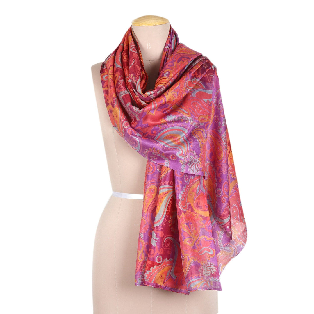Multicolored Silk Shawl with Screen-Printed Paisley Motifs - Glamorous Paisley