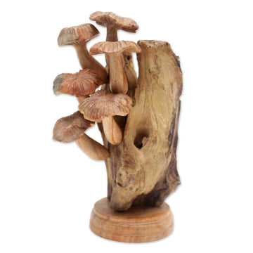 Handmade Jempinis Wood Sculpture with Benalu Wood Accents - Mushroom Path