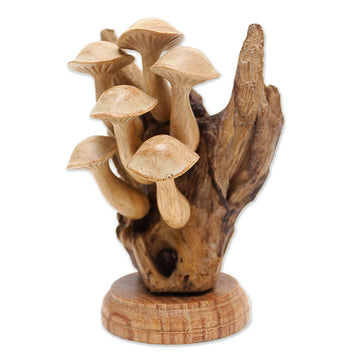 Handcrafted Wood Sculpture with Benalu Wood Pieces - Mushroom Charm