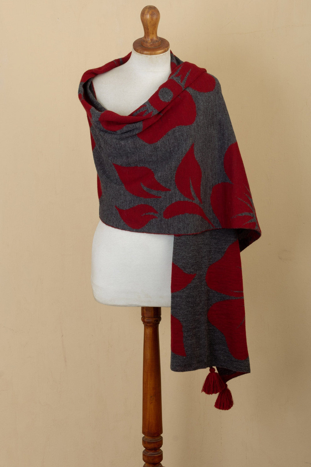 Floral-Themed Grey and Red Alpaca Blend Shawl Knit in Peru - Thought